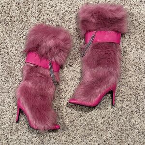 Size 6 pink stiletto sock boots with faux fur pink strap with detachable chain